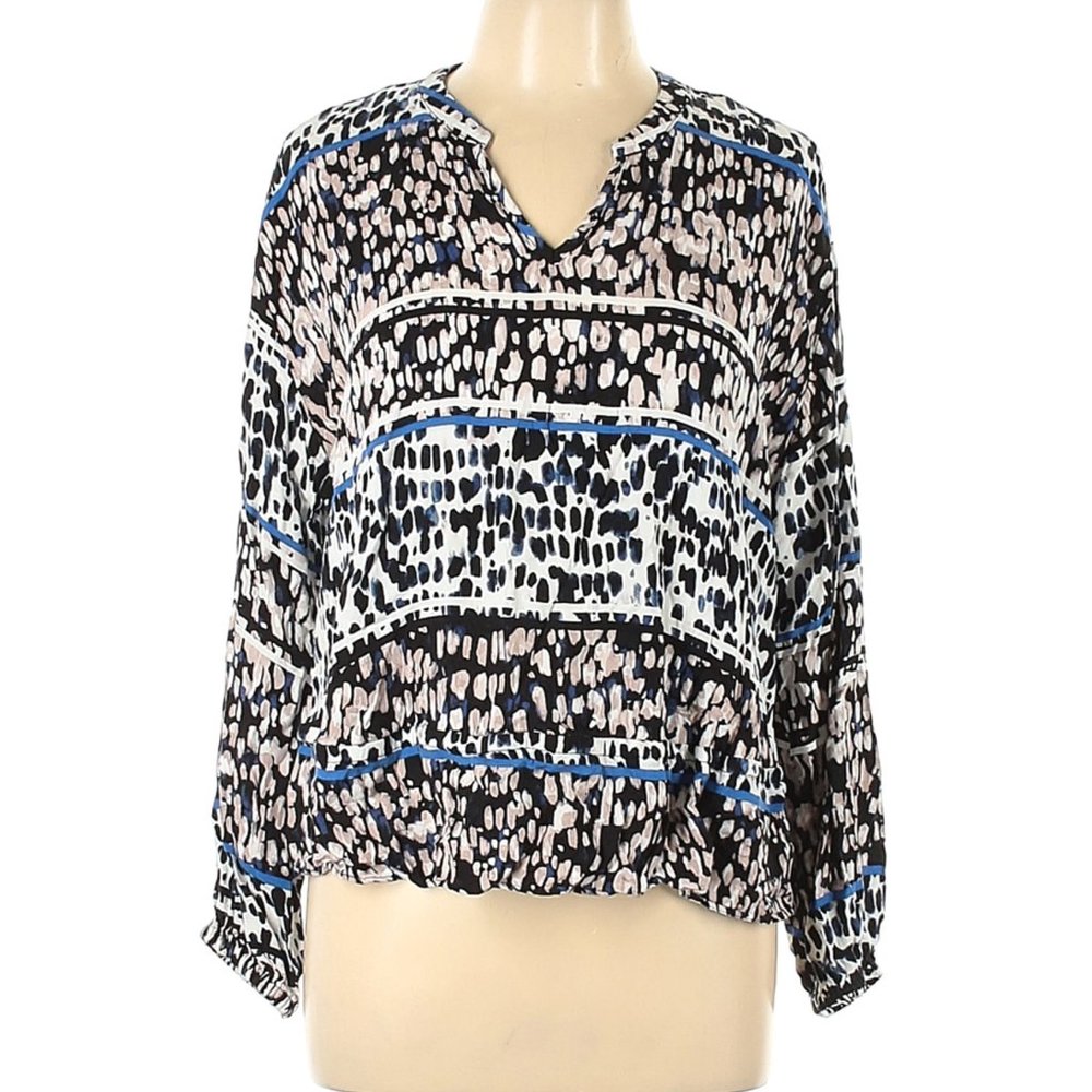 Jennifer Lopez Black & White Ruched Ruffle Stretch Print Blouse Top XL